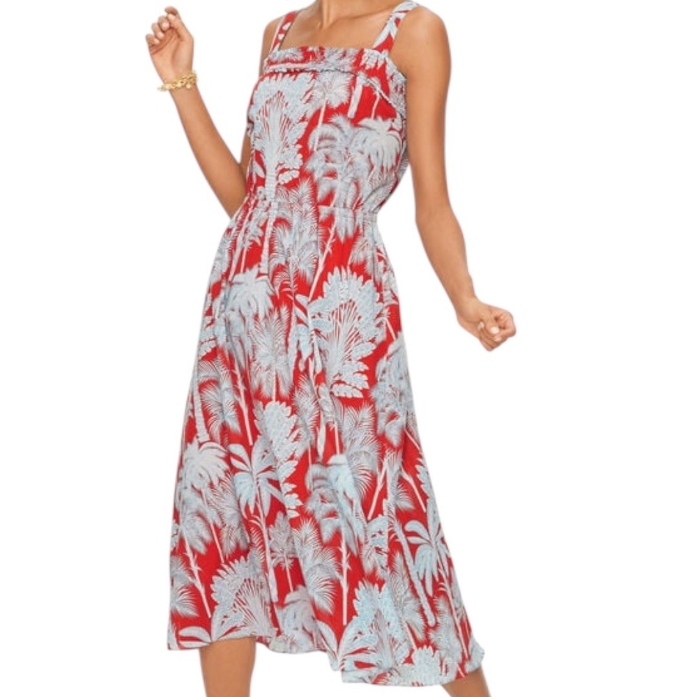 Talbots Oasis Palm Voile Fit & Flare Cotton Midi Dress Red Palm‎ Tree Size 10P
